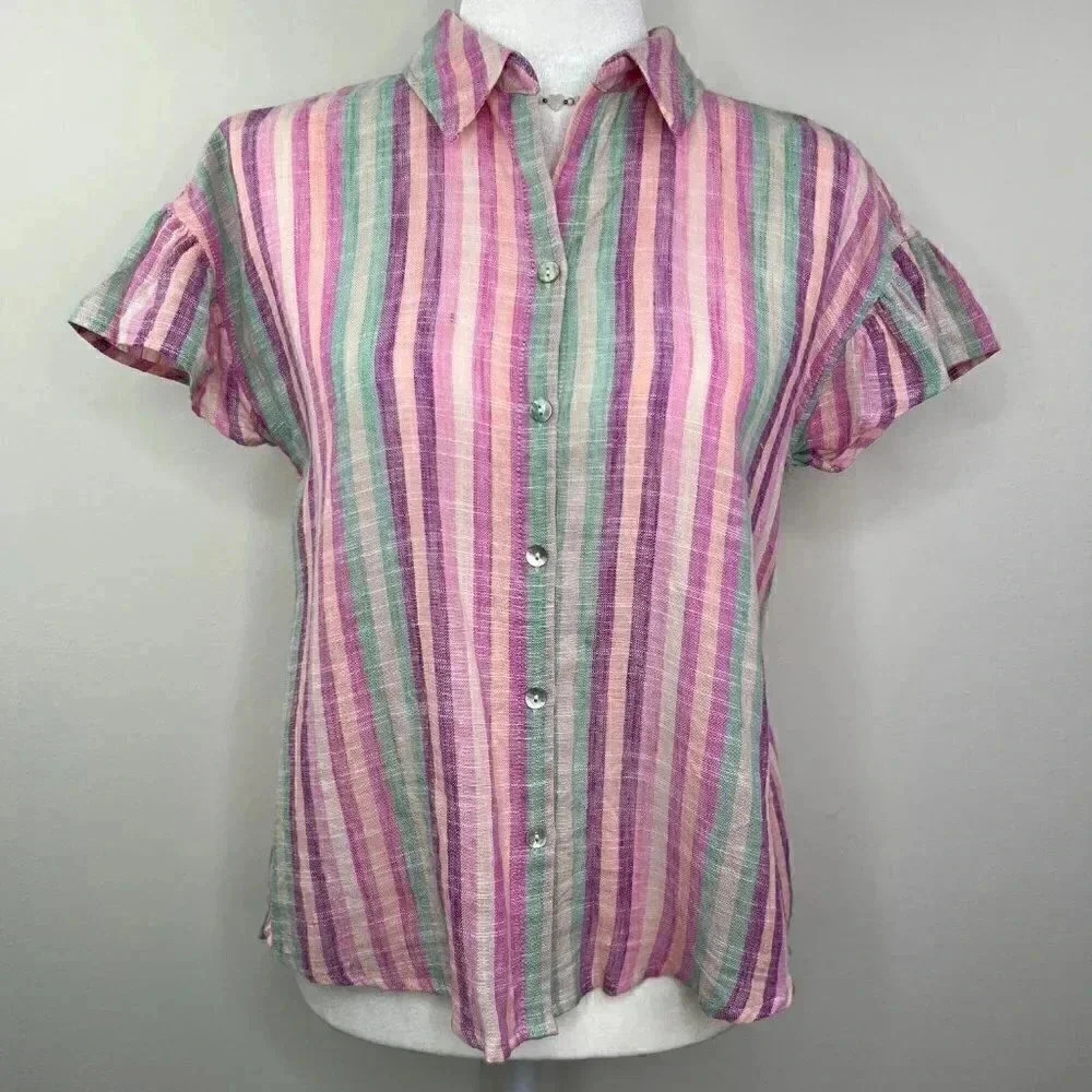Cupio Flutter Sleeve Striped Button Down - Pink, Purple, Peach, Teal - Small